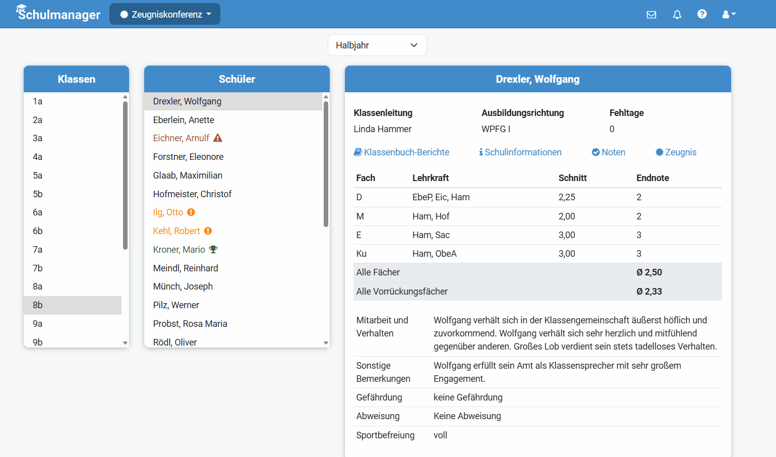 Detailansicht zum Schüler mit Verlinkungen zu anderen Modulen
